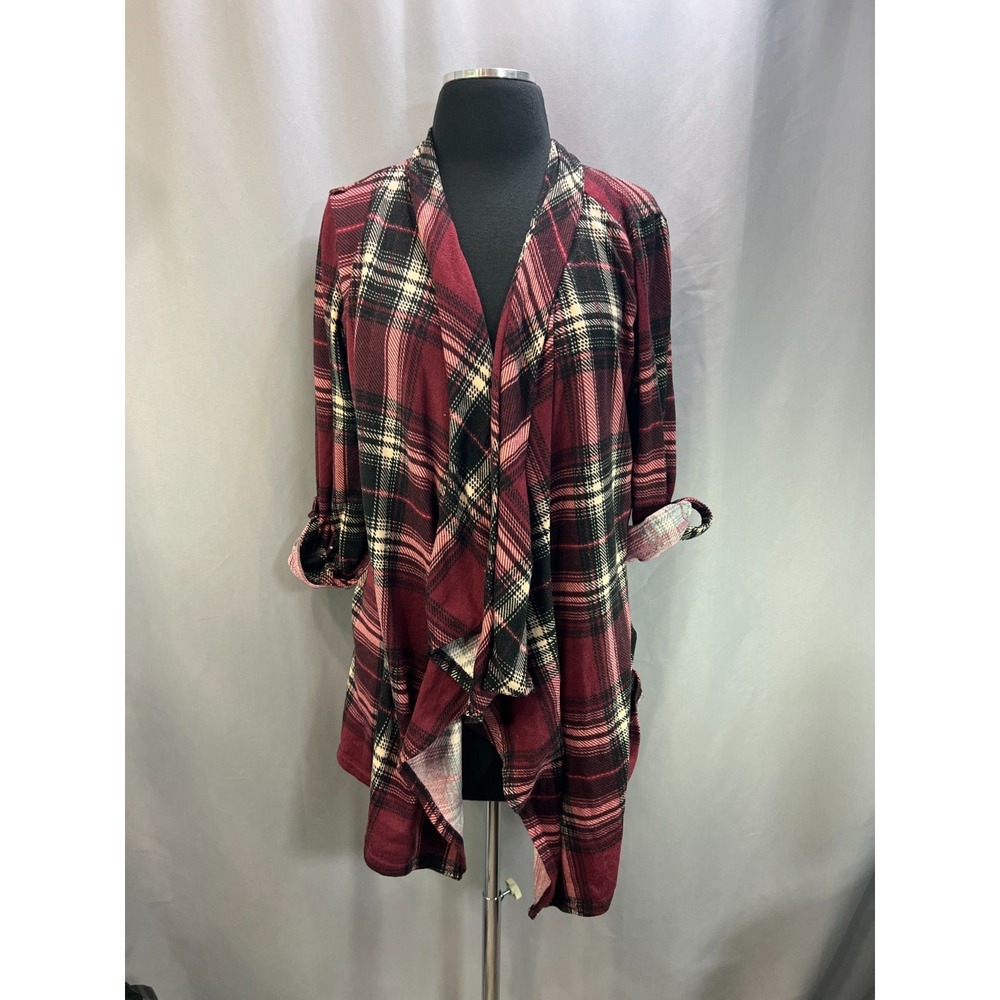 New York Laundry Flannel Cover Up Womens L Multicolor Open Front Roll Tab Sleeve
